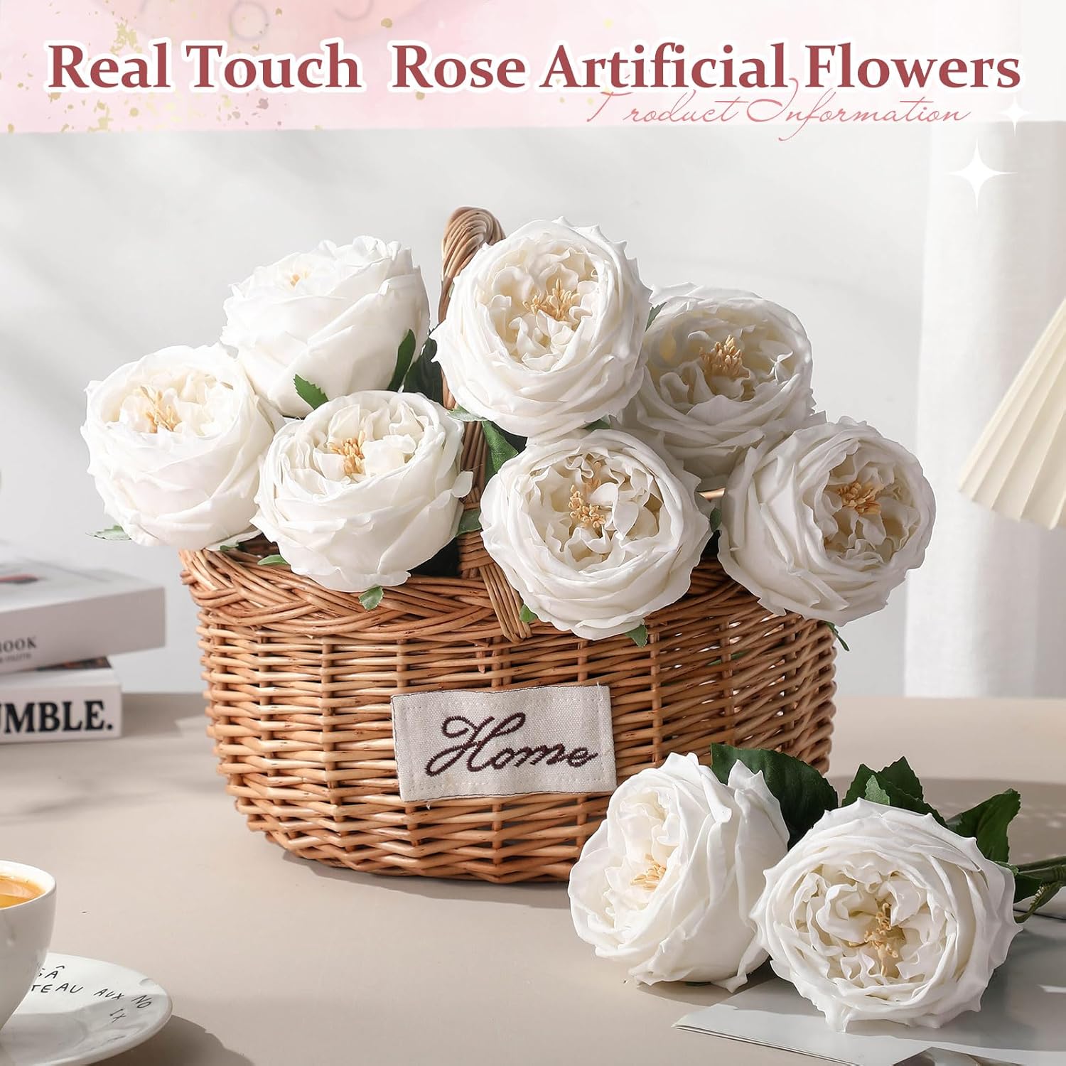 10pcs Real Touch Peonies Artificial Flowers, Faux Austin Rose with Long Stem Look Real Fake Flower for Christmas Valentines Arrangement Wedding Party Home Kitchen Decor(White) - Image 4