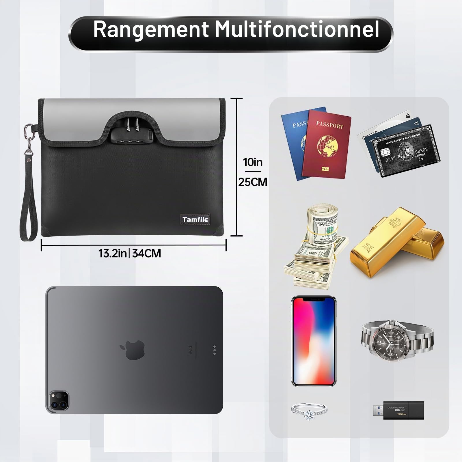 Tamfile Sac à Documents Anti-feu 5200°F avec Serrure, Sac d'argent Résistant à l'eau 34 * 25CM, Bande de Pochette de Rangement Ignifuge pour Documents, Bijoux, Passeport, Tablette, Noir