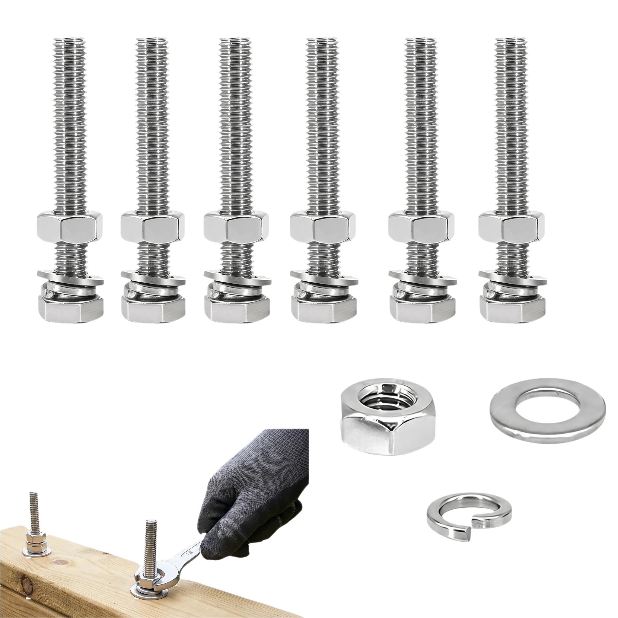 Bolts, 6pcs M10 X 100mm Bolts and Nuts, 304 Stainless Steel