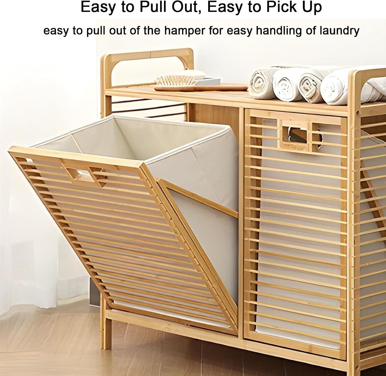 Tilt Out Laundry Hamper with Shelf Bamboo Laundry Sorter Laundryhamper Cabinet Organizer Towel Storage for Laundryroom Living Room Bedroom Laundrybasket Natural(Single Door)