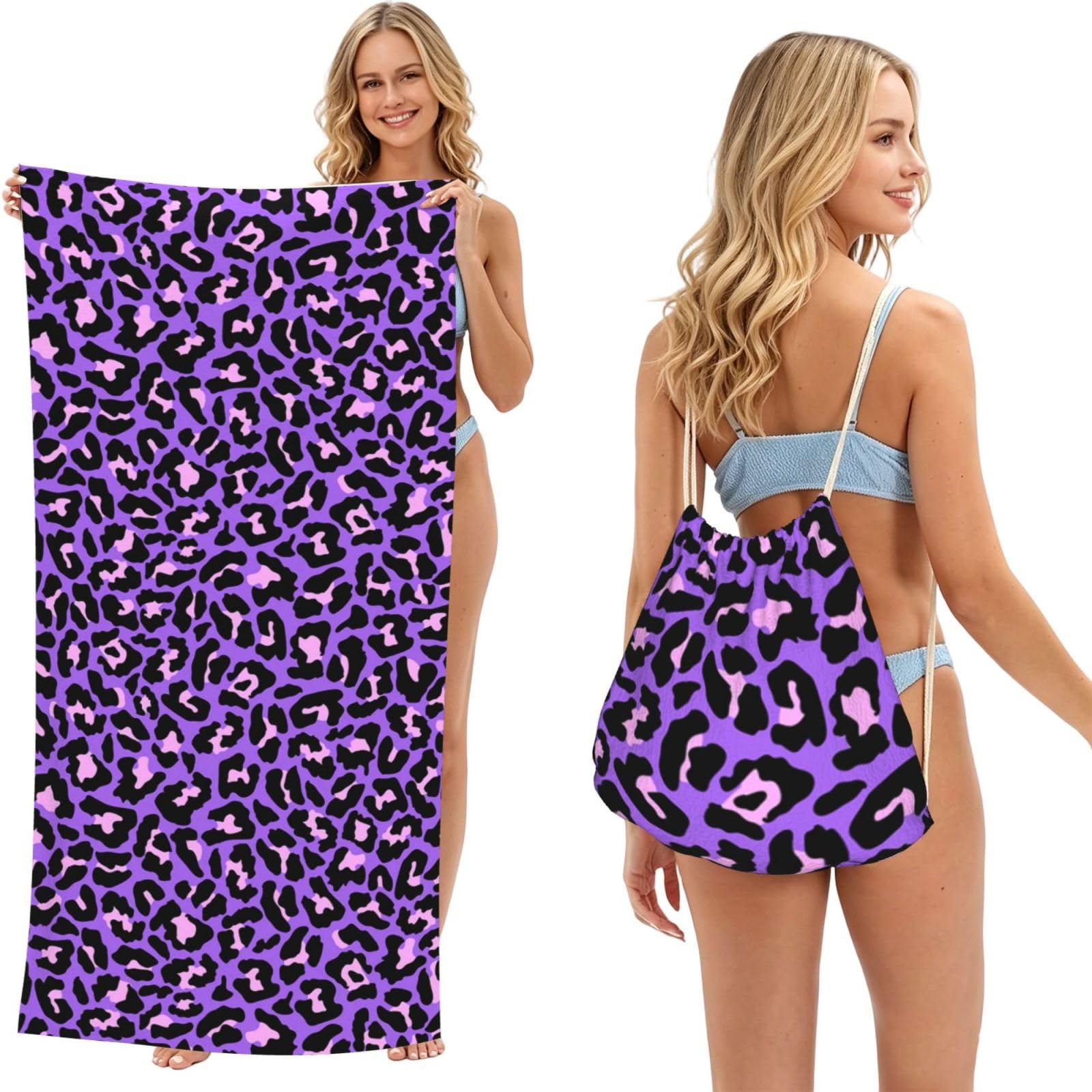Poadnly As Picture Neon Purple Pink Leopard Animals Print, 2 In 1 Packable Towel Bag, Beach Towels With Drawstring Backpack For Travel Holiday Camping