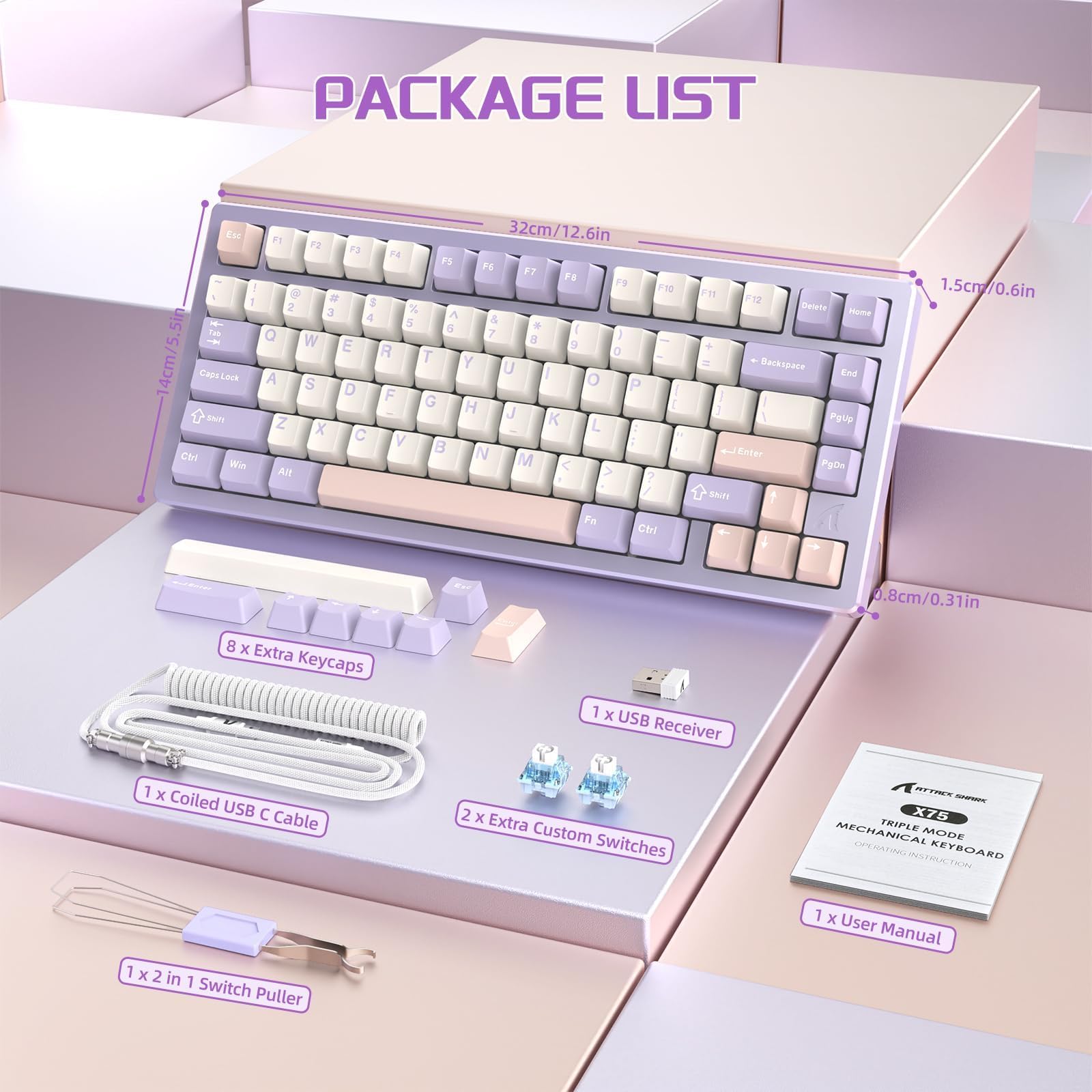 ATTACK SHARK X75 Via Teclado Mecánico Gaming Inalámbrico Completo De Aluminio, BT/2.4G/USB-C, Interruptores Lineales Intercambiables RGB, Diseño QWERTY del 75% con 5 Capas De Amortiguación-Púrpura