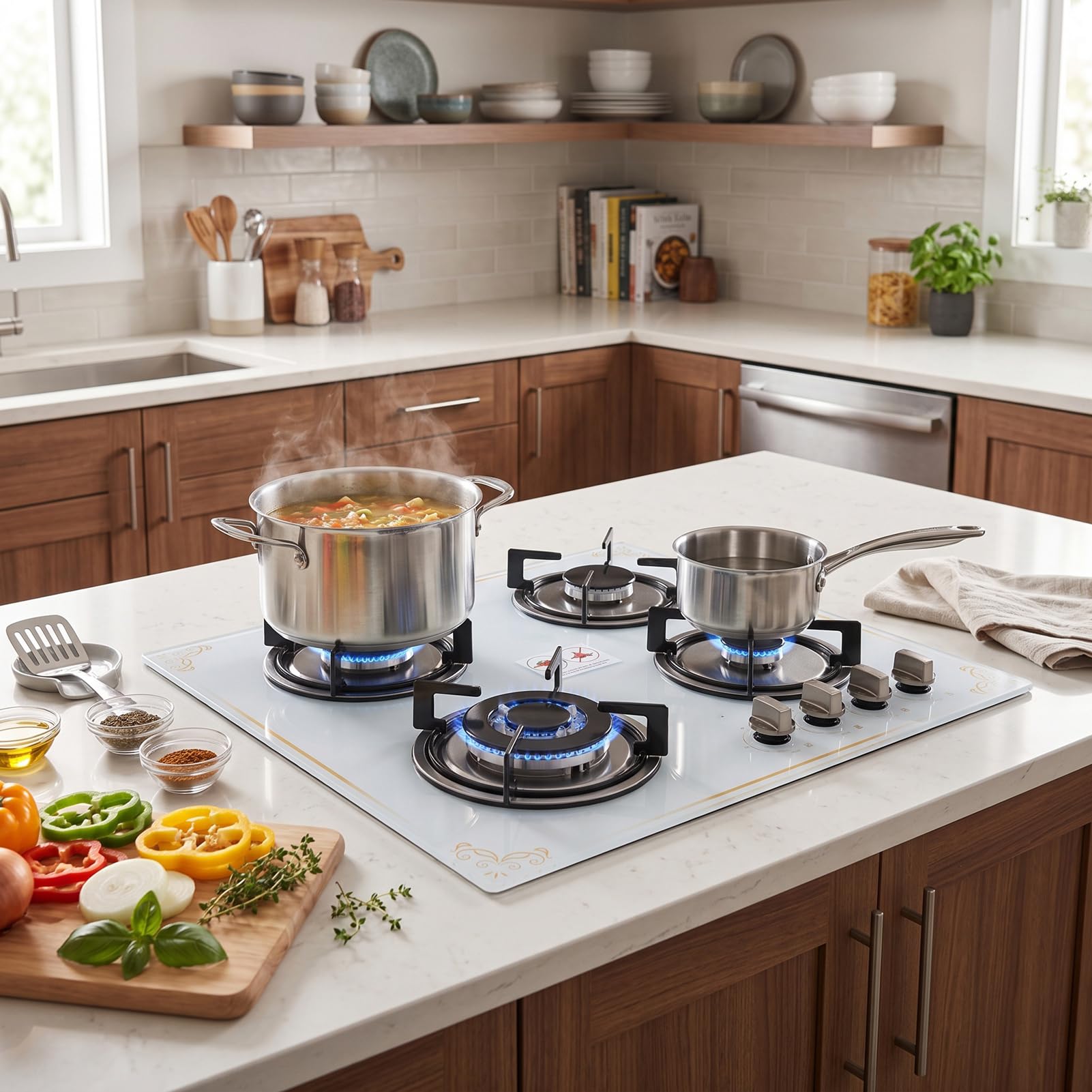 Haofy Cuisinière à Gaz 4 Brûleurs 24 Pouces, Table en Verre et Acier