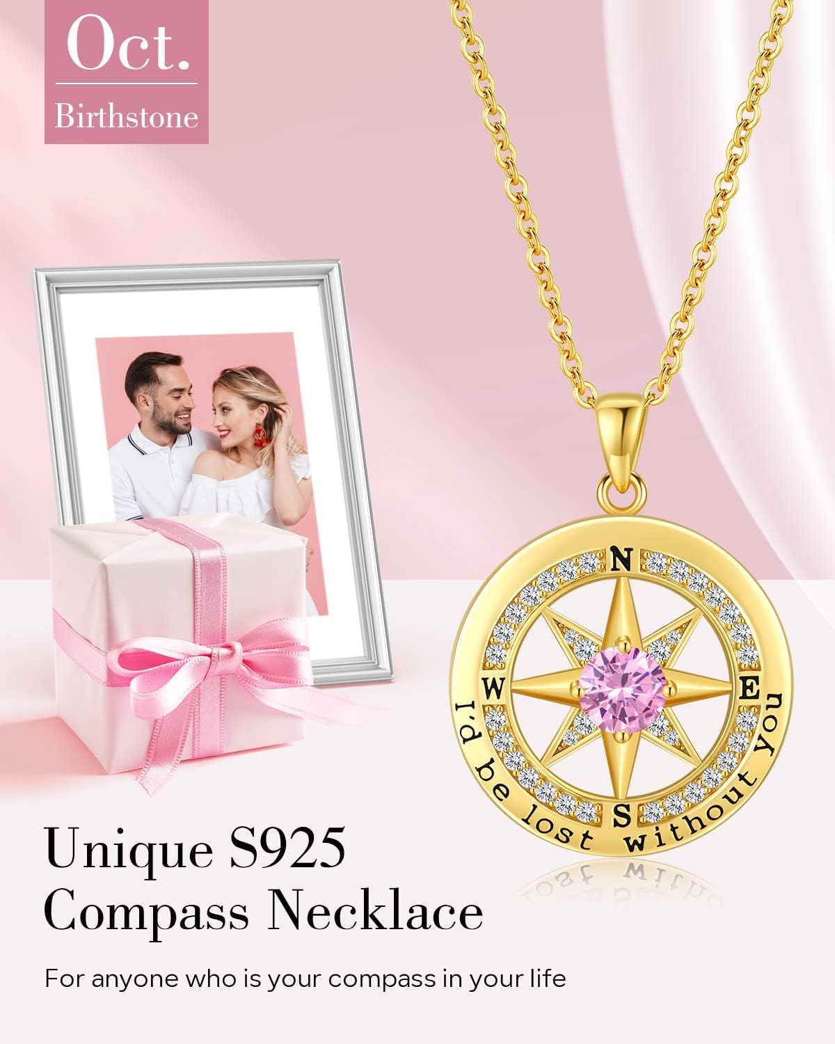 S925 Necklace Gift for Wife |Compass Jewelry |Women Anniversary |Sterling Silver |Girlfriend Birthday Gifts for Her Valentines |I'd be Lost without You |Jewel 18K Gold - Image 3