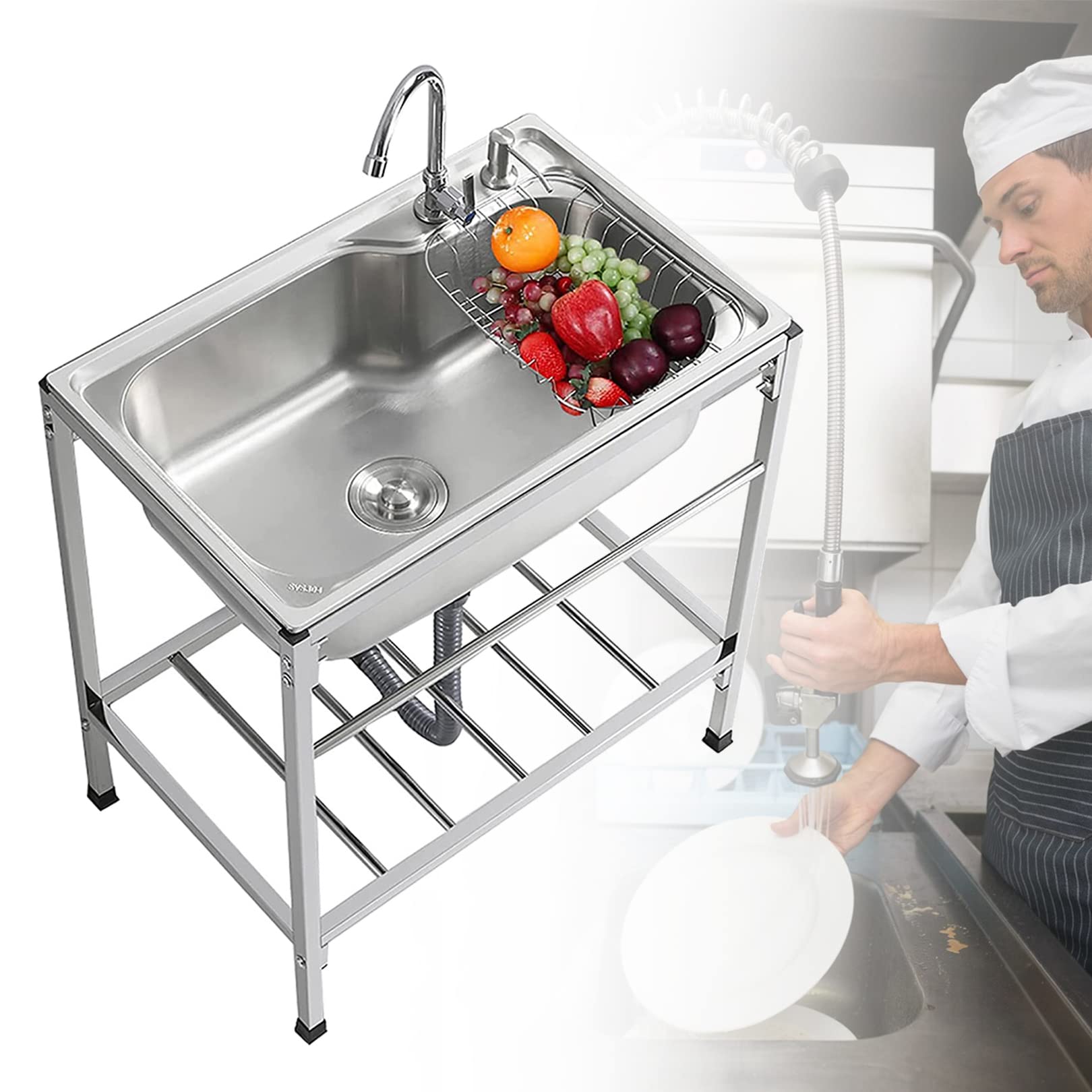 Évier de cuisine autoportant et bac de lavage en acier inoxydable