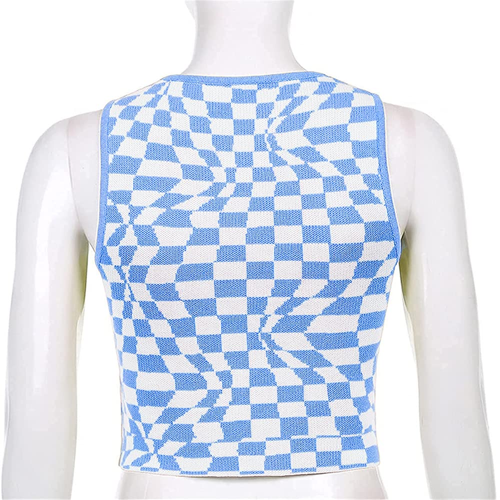 Women's Plaid Printed Sleeveless O Neck Camisole Harajuku Vintage Knitted Cropped Tank Top