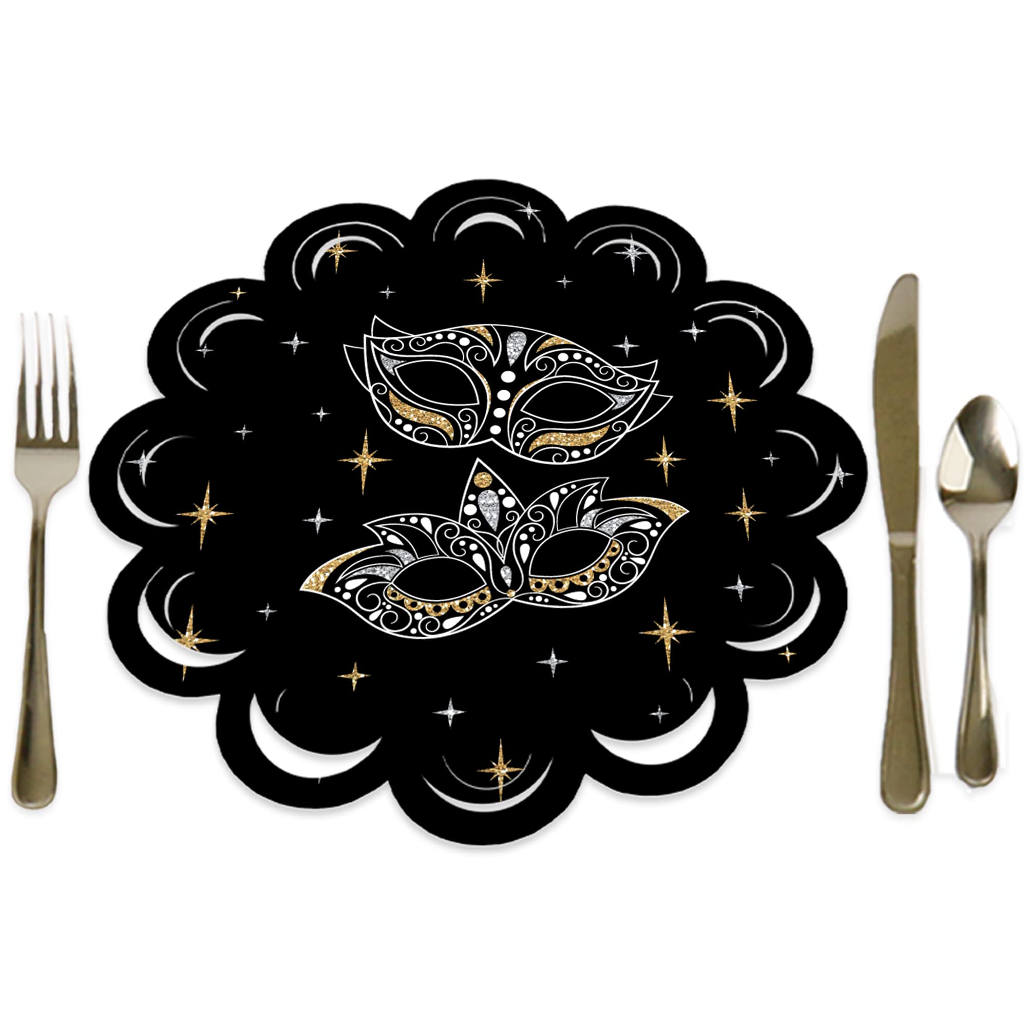 Big Dot of Happiness Masquerade - Venetian Mask Party Round Table Decorations - Paper Chargers - Place Setting For 12