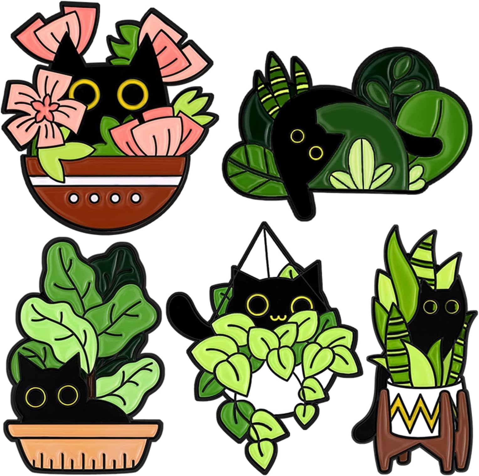 Excefore Cats Hidden in Potted Plants Enamel Pins Set, Cute Black Cat Pins for Women Kids, Animal Enamel Brooch Badges Pins for Bags Clothing