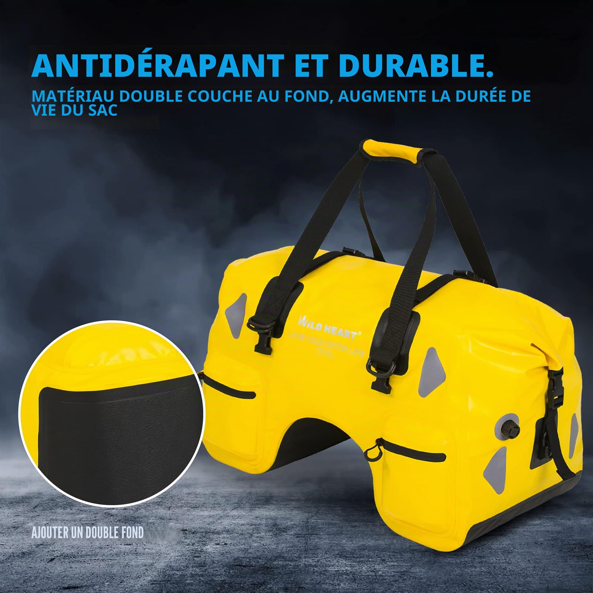 WILD HEART Sac de Voyage Moto en U de 70L Sacoche Etanche Selle Moto - Rangement Durable et étanche pour Motos - Facile à Installer, Sécurisé et sans Danger pour Votre équipement (Jaune)