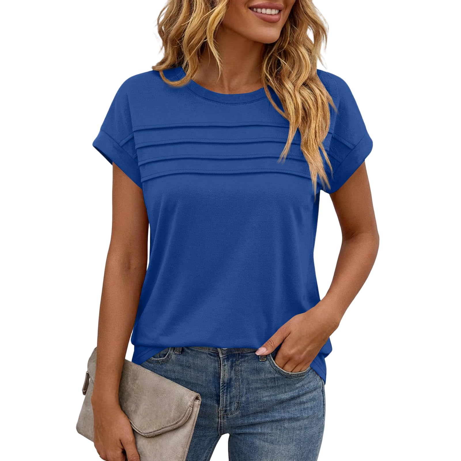Tshirt Damen Rundhalsausschnitt Plissiertes Elegent Bluse Lässige