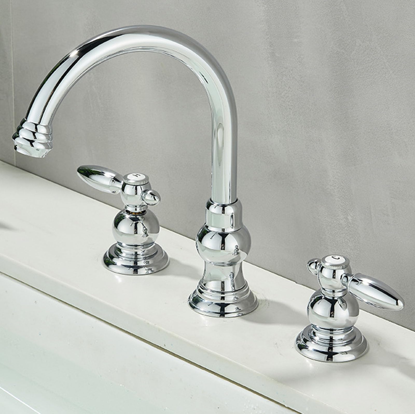 Rubinetto Bagno Lavabo 3 Fori Cromato Vintage con Doppie Maniglie