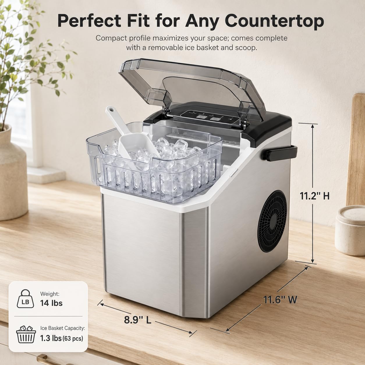 Máquina de Hielo de Bala Transparente, 9 Cubitos en 6-8 Min | Depósito 1,3L con hasta 63 cubitos, 2 tamaños ajustables y autolimpieza para hogar, oficina, camping y fiestas.