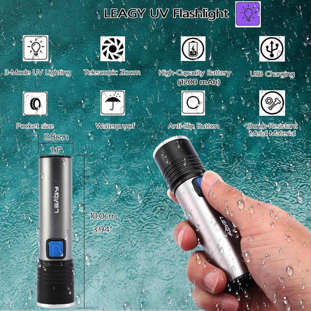 LEAGY 2-Pack Rechargeable 395nm Mini UV Flashlight with USB,Zoomable,Adjustable Brightness for Scorpion Hunting, Counterfeit Detection, UV Glue Curing, Jewelry Appraisa, Nail Art etc