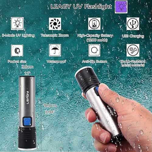 Miniatura 7 de LEAGY Paquete de 2 mini linterna UV recargable de 395 nm con USB, zoom, brillo ajustable para caza de escorpiones, detección de falsificaciones,