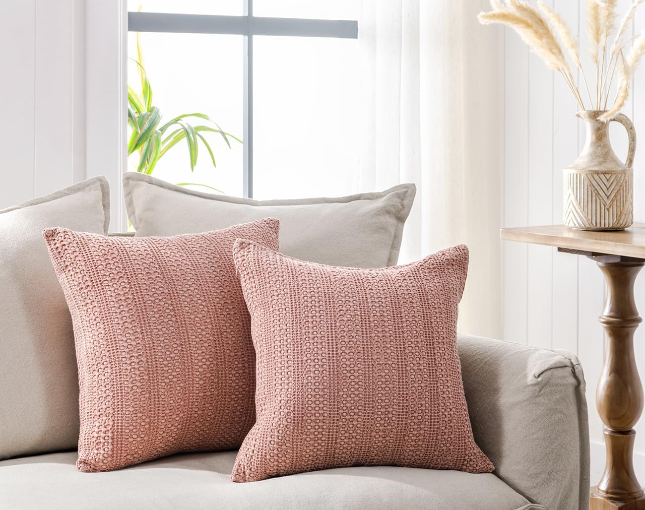 18x18 Throw Pillow Covers Set of 2 Boho Decorative Pillow Shams Stone Washed Cotton Pillowcase Waffle Square for Couch Sofa Chair Bed Car,Coral Pink