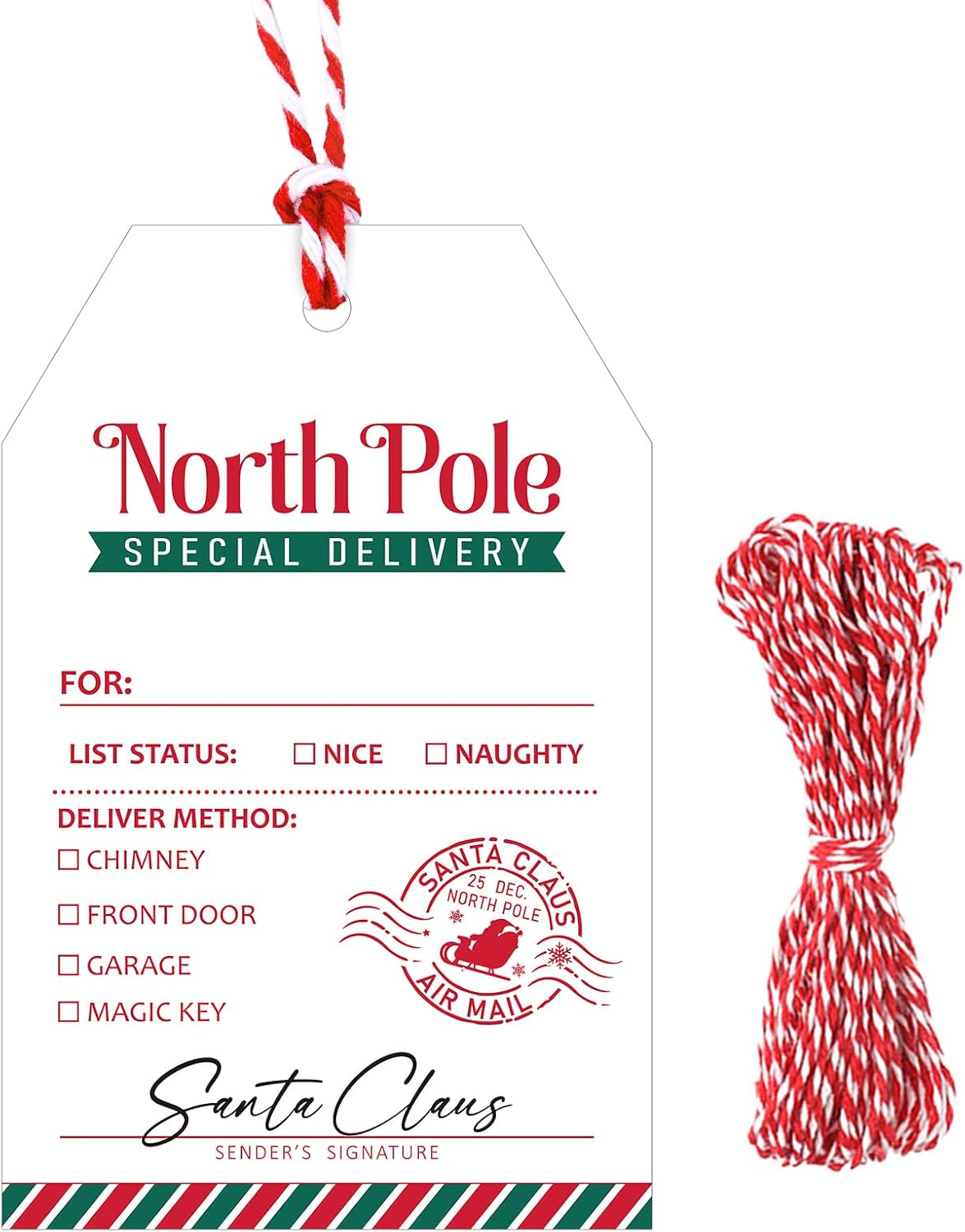 G2PLUS 50Pcs Christmas Gift Tags - from Santa Gift Wrapping Tags, 3.3x2.2in Xmas Paper Special Delivery North Pole Tag with String for DIY Crafts, Holiday Party Favors