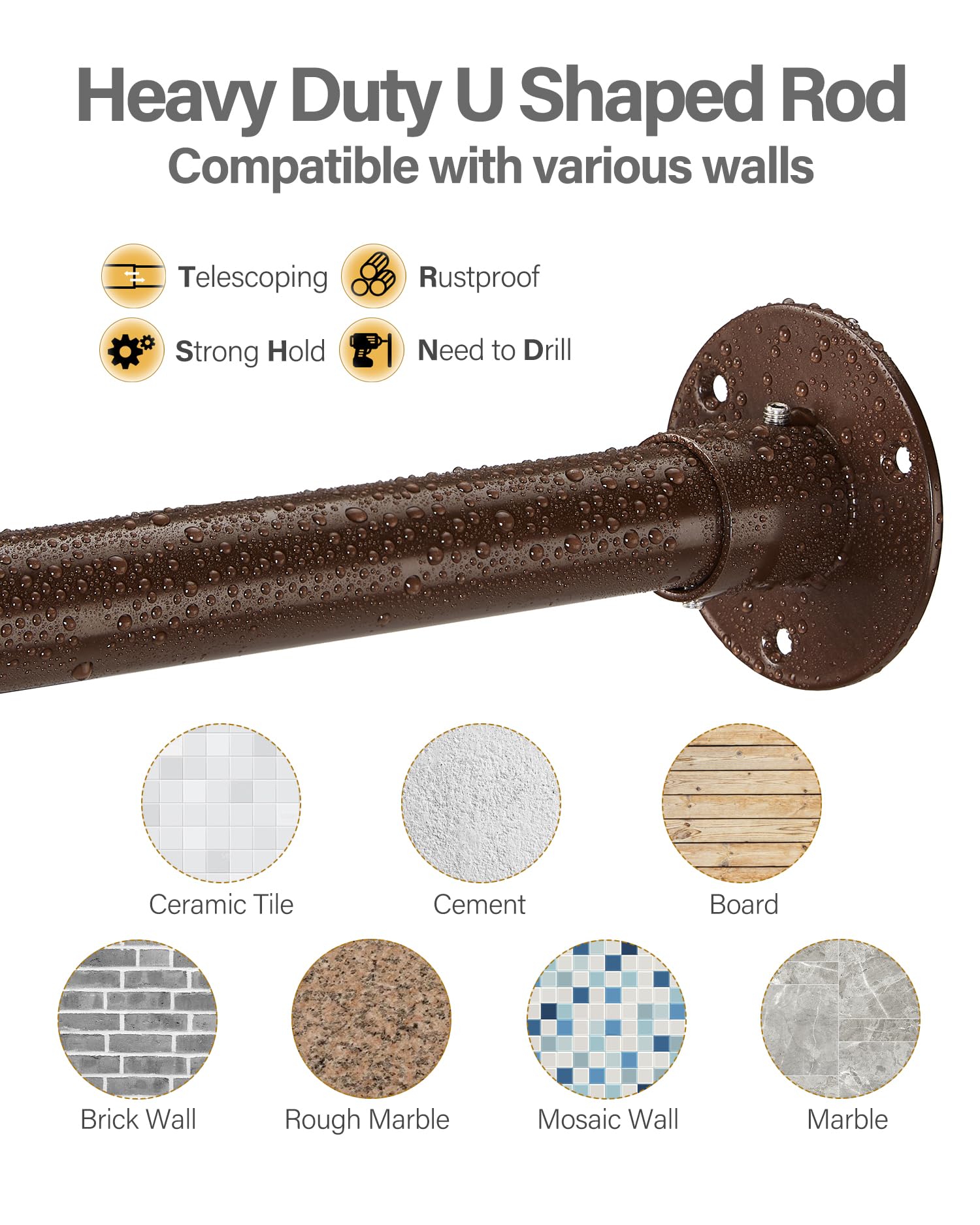 Barra Cortina Ducha en Forma de U, [Ambos Lados: 60 cm - 132 cm, Centro: 76,2 cm - 117 cm] Poste de Cortina de Esquina de Ducha Exterior Ajustable para Baños con 12 Ganchos y Soportes de Techo