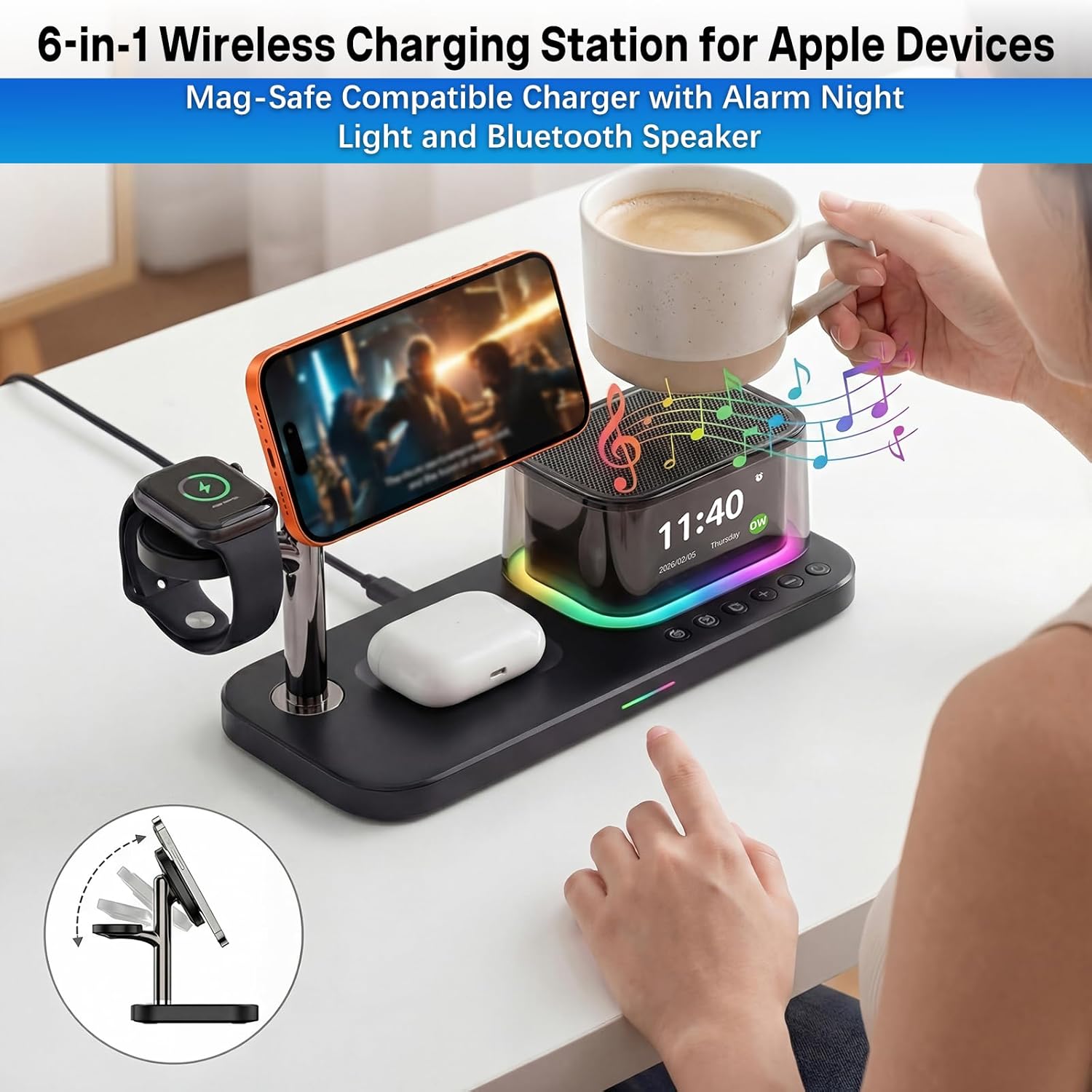 45W 5 in 1 Wireless Charging Station with Alarm Clock and Bluetooth Speaker & Night Light, Qi2.2 25W Fast Charger for MagSafe for iPhone 17/S26 Ultra, Charger Stand for iWatch & Galaxy Watch