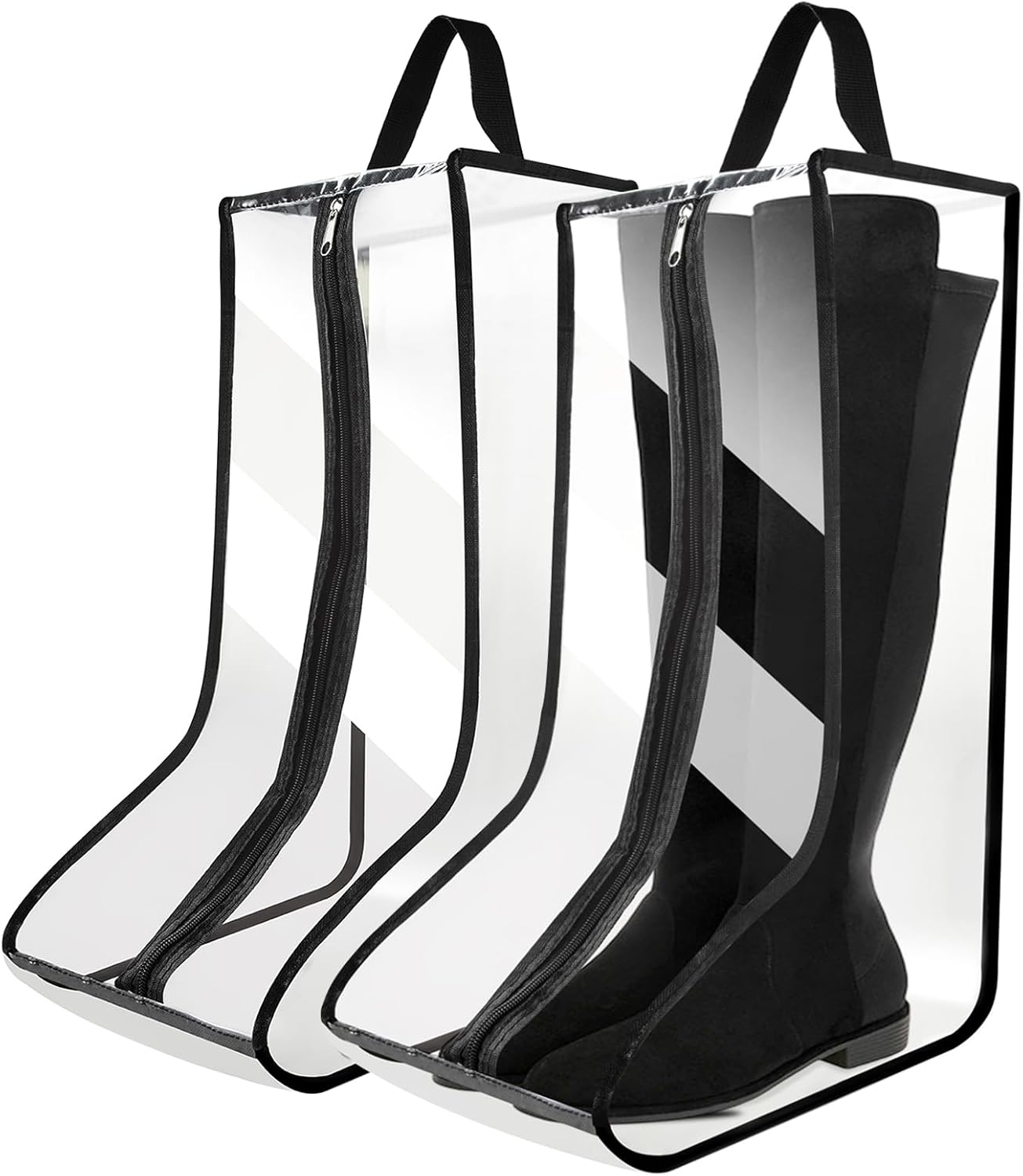 2Pack Boot Bags for Cowboy Boots Portable Tall Boot Storage Organizer Shoe Bags for Travel with Dust Covers (Clear Black))
