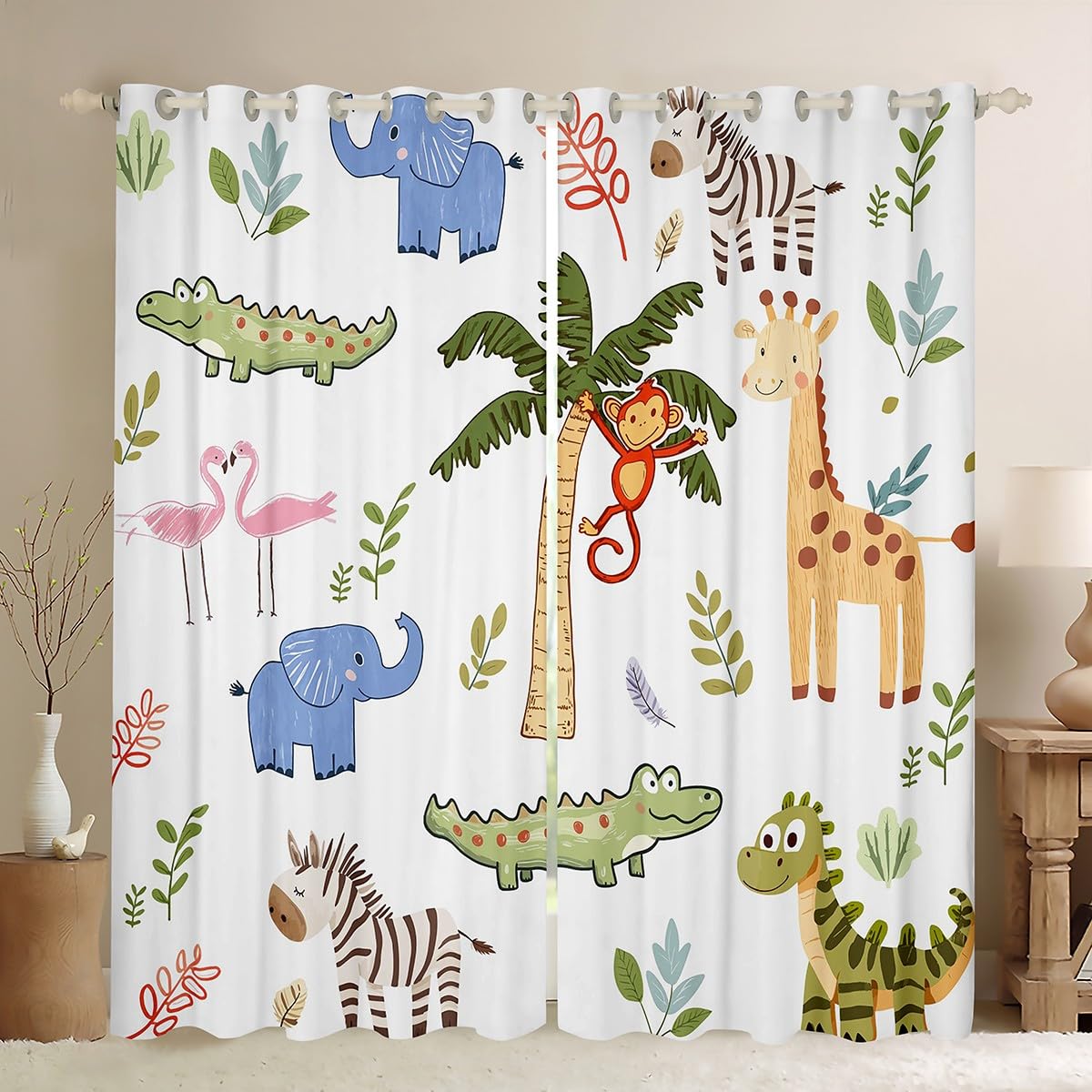 richhome Kids Zoo Animals Curtains for Bedroom Living Room Cute Giraffe Monkey Elephant Blackout Shades Plants Printed Curtain Animal Theme Window Treatments, 2 Panels W52*L90 Decor