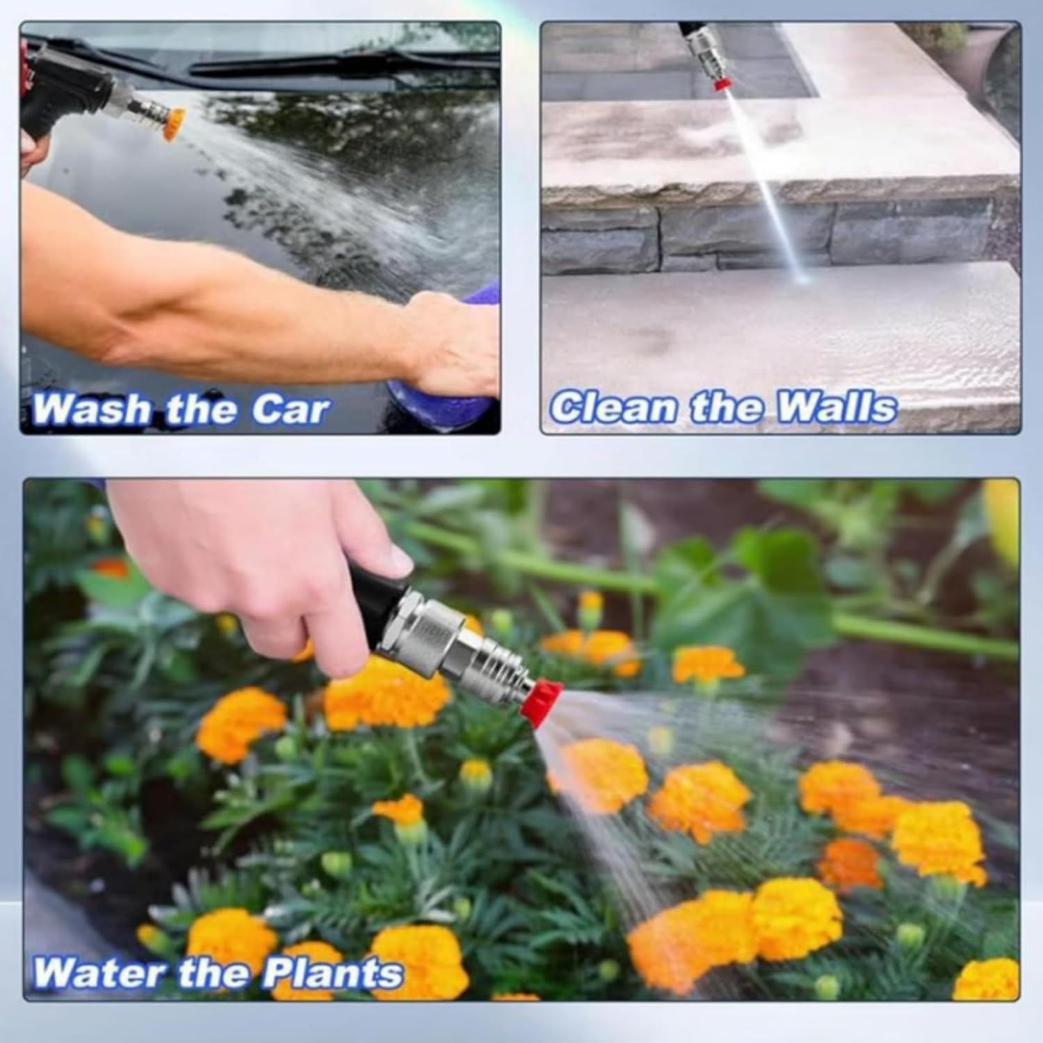 Garden Hose to Mini Power Washer Adapter-3/4" GHT to 1/4", Garden Hose Pressure Washer Attachment, Stainless Steel Connector Adapter Quick Installation (Connector with 5 Nozzle Set*3)