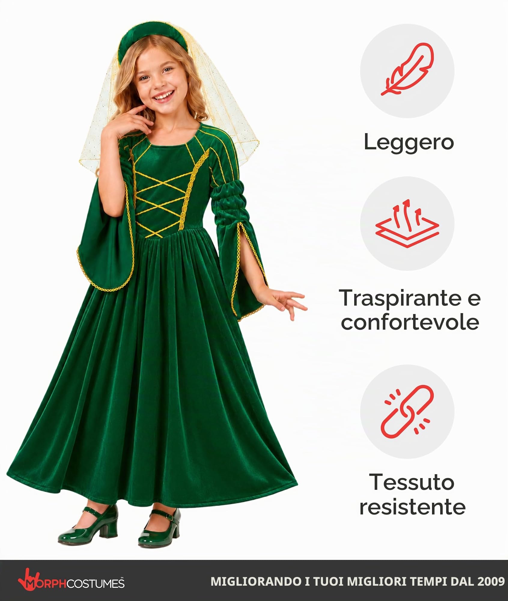 Fun Shack Costume Principessa Bambina, Costume Halloween Bambina | Abito Verde Elegante & Cerchietto con Velo, Stile Medievale Tudor, Perfetto per Halloween, Ideale per il Gioco di Ruolo