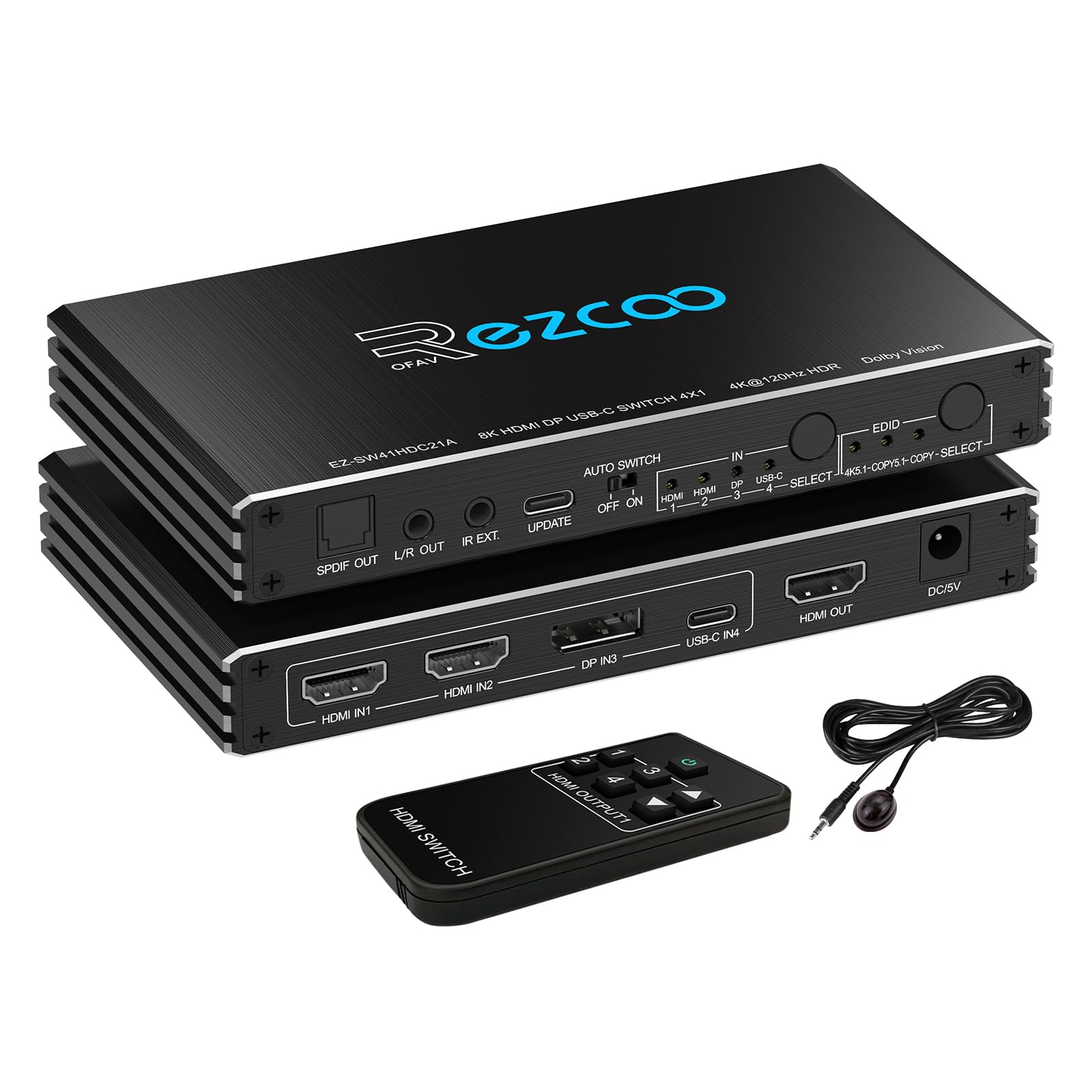 Commutateur HDMI 2.1 4K@120Hz 4x1 avec USB-C DP1.4 et extracteur audio (optique/3,5 mm Out) VRR ALLM HDCP 2.3 HDR Dolby Vision/Atmos - Pour PS5, Xbox, Gaming, Télécommande infrarouge