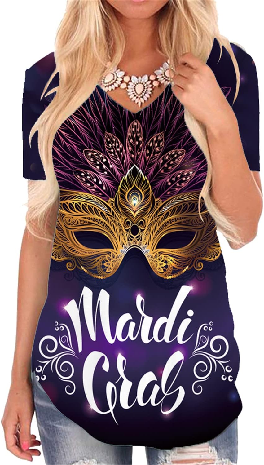 KYKUKYKU Mardi Gras Shirt for Women V-Neck Carnival Themed Tshirt Gift T Shirts