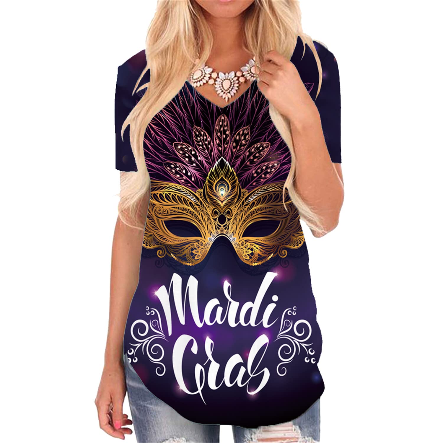KYKUKYKU Mardi Gras Shirt for Women V-Neck Carnival Themed Tshirt Gift T Shirts