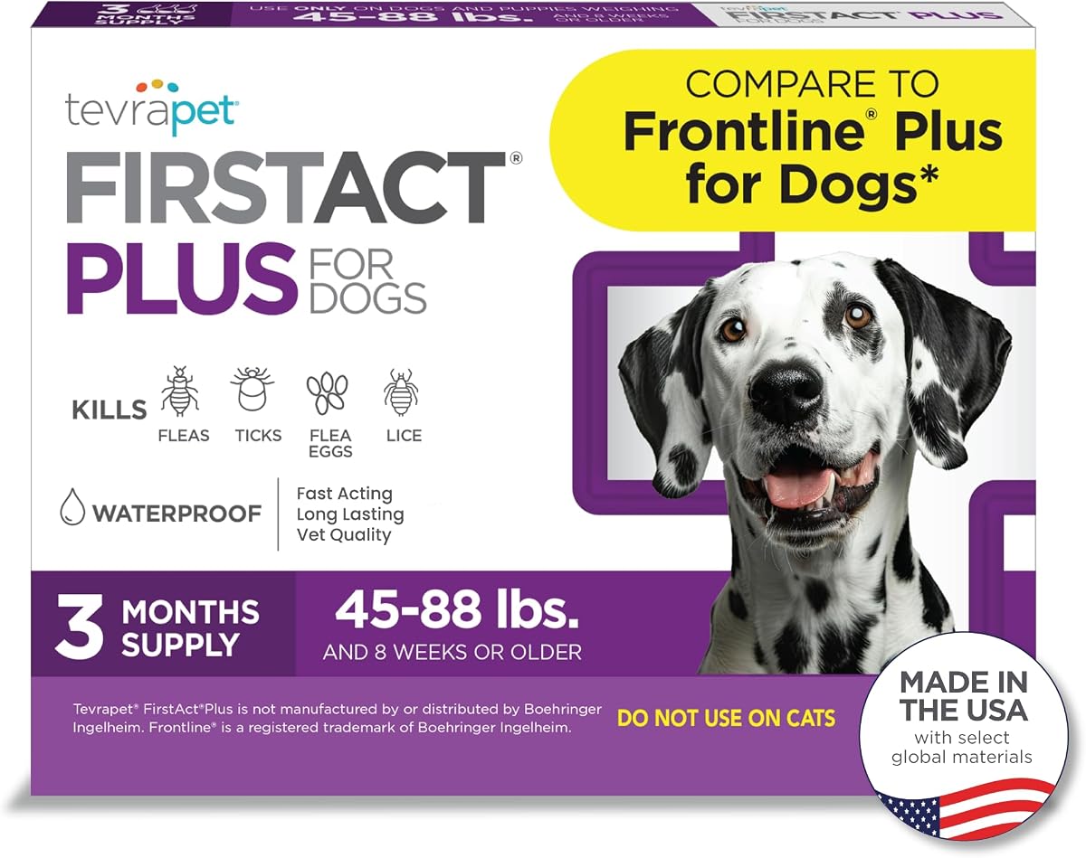 FirstAct Plus Flea and Tick Topical for Dogs 45-88 Pounds, 3 Applicators