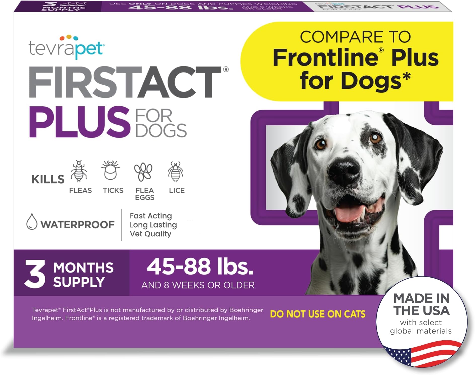 TevraPet FirstAct Plus Flea and Tick Topical for Dogs 45-88 Pounds, 3 Applicators