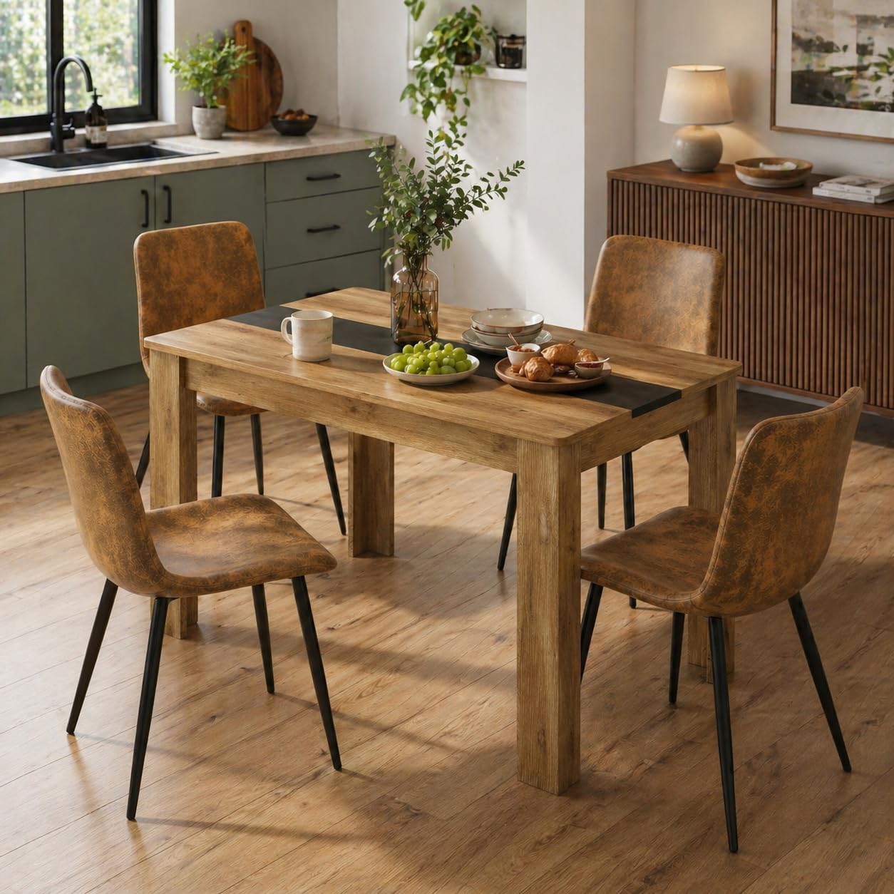 Lot de 8 chaises de salle à manger aspect daim marron, chaises de cuisine tapissées, design vintage, chaise de salle à manger, fauteuil, salon, pieds en métal, noir
