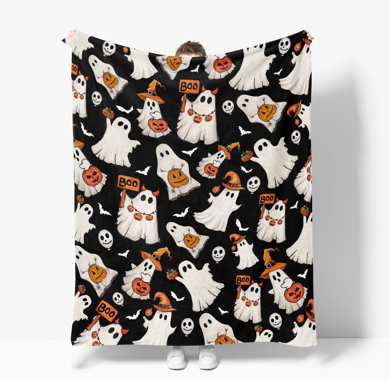 Horaldaily Halloween Flannel Blanket Throw, Ghost Boo Jack-O-Lantern Pumpkin Skulls Soft Fuzzy Plush Cozy Fleece Blankets for Couch Sofa Bed Lounging, Ideal Gifts for Kids Adults Wife Self, 60x80