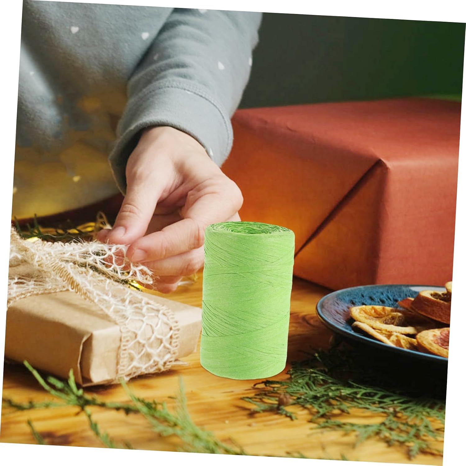 Xmas Raffia Paper Ribbon Cord for DIY Projects, Light Green
