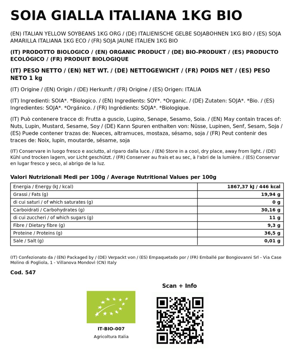 BONGIOVANNI FARINE E BONTA' NATURALI Soja Amarilla Italiana 1Kg ORGÁNICA