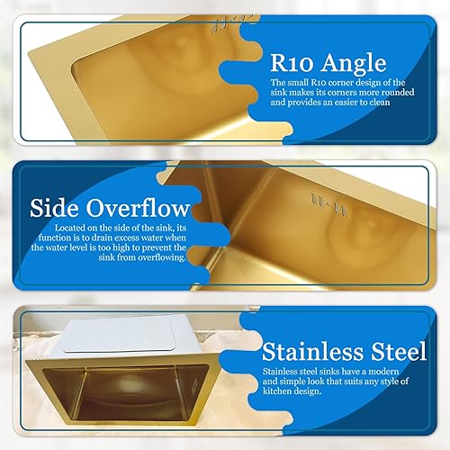 Miniatura 32 de Fregadero de cocina de bar de 21.6 x 15.7 pulgadas, acero inoxidable con grifo, fregadero de caravana, lavabo con tapón de colador de drenaje