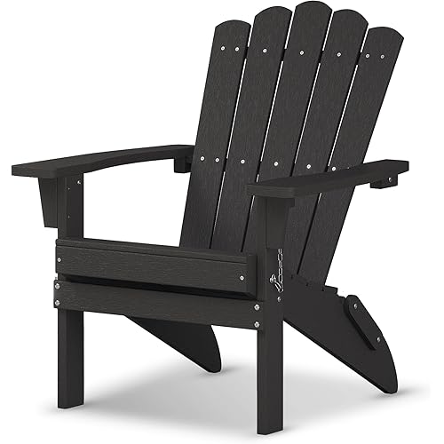 Folding HDPE Adirondack Chair, Weather-Resistant Patio Chair with Wide Armrests & High Backrest, Fire Pit Chair for Garden, Backyard, Porch - Black