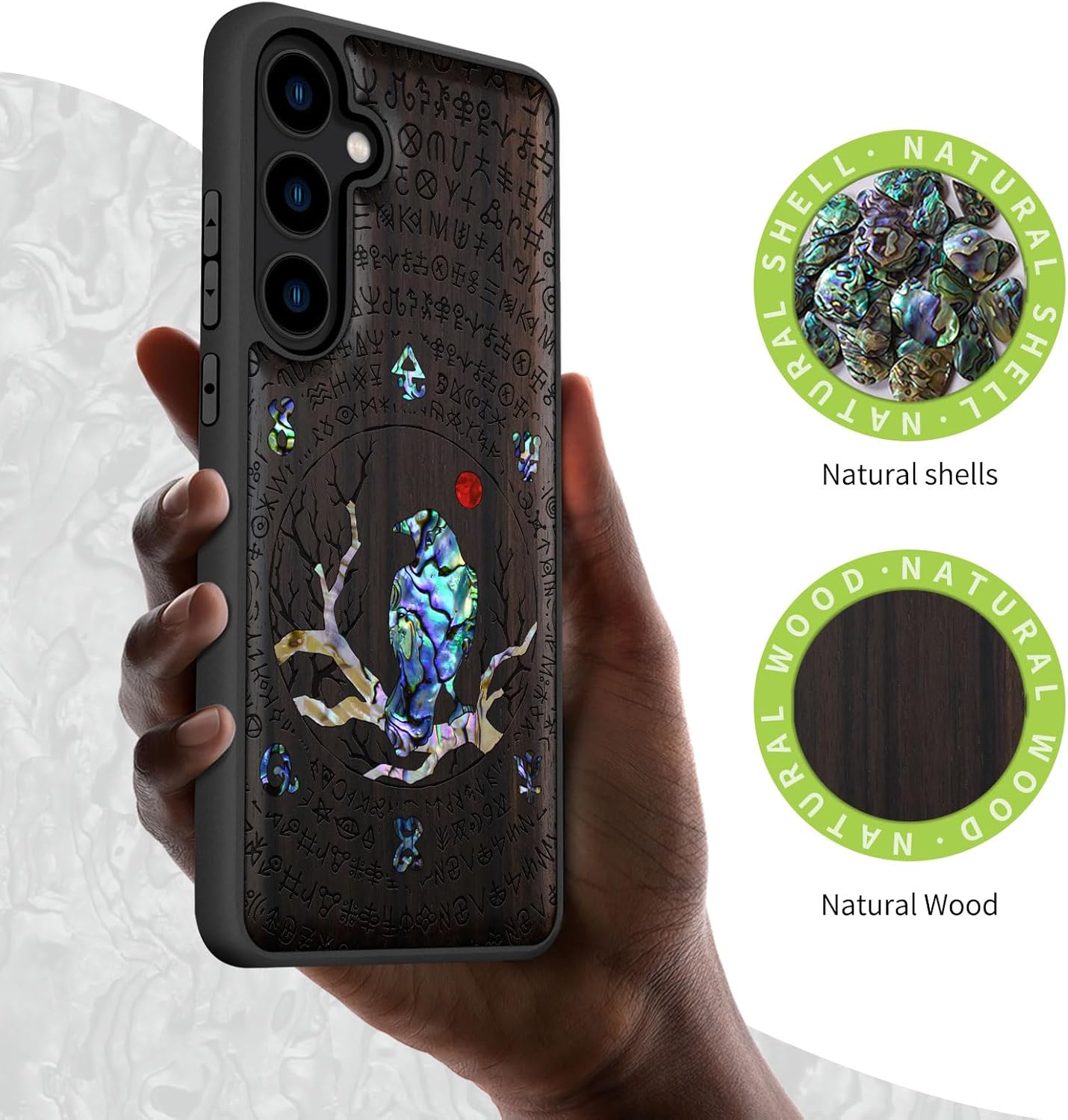 Carveit Designer Wooden Case for Samsung Galaxy S24 Plus Case [Wood Engraving & Shell Inlay] Compatible with Wireless Chargers S24 Plus Cover (Perching Crow-Blackwood)