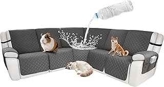 Waterproof Sectional Reclining Couch Covers L Shaped Recliner Sectional Sofa Cover 7 Piece Non Slip Washable Corner Recliner Slipcover Set for Pet Dog (5 Seater Cover, Dark Gray)