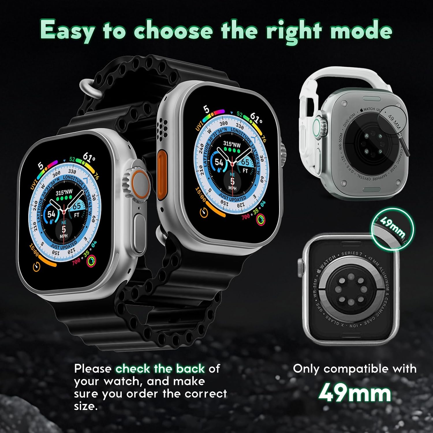 Image showing a smartwatch and the case, with text indicating compatibility only with 49mm watches.