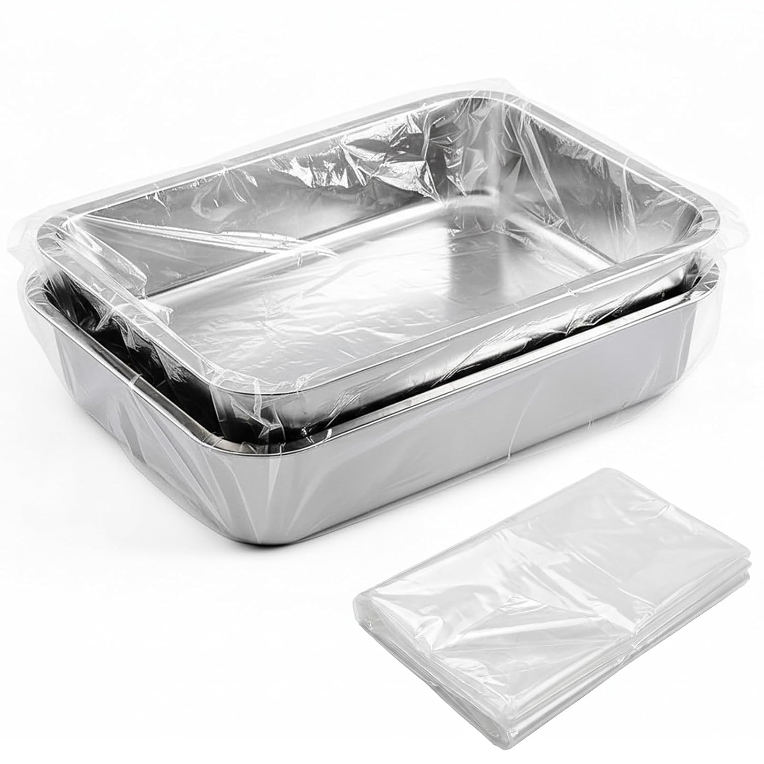 2 Pack 13 L Stainless Steel Commercial Bus Tubs and 50 Pack Plastic Meat Lug Liners, Food Grade Meat Processing Tubs Lug for Dishwashing, Kitchen, Restaurant, Utility