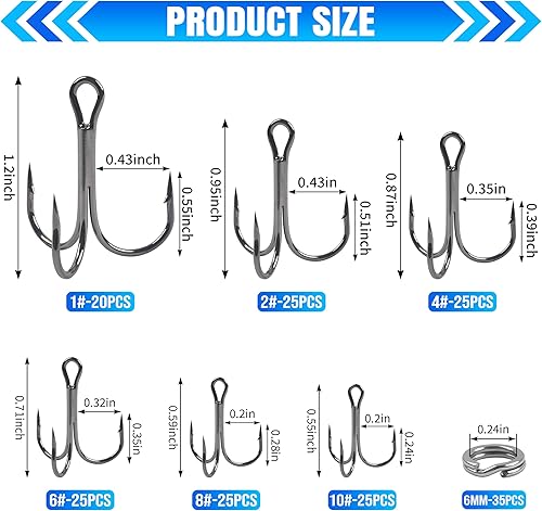 Miniatura 5 de Fishing Treble Hooks Kit, Red Treble Hooks Sharp Round Bend High Carbon Steel Strong Barbed Fishing Hooks with Stainless Steel Split Rings for Lures