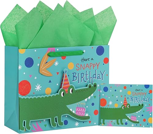 LeZakaa Bolsa de regalo de cumpleaños de 13 pulgadas, bolsa de regalo azul mediana con papel de seda, etiqueta de regalo y tarjeta, diseño de