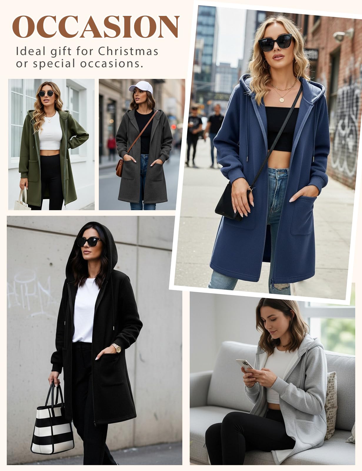 Vancavoo Sudadera Larga Mujer con Capucha y Cremallera Bidireccional | Chaqueta Casual con Cordón, Puños de Canalé y 2 Bolsillos de Parche, para Primavera, Otoño y Uso Diario