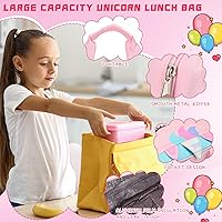 Vista 3 de Lonchera de unicornio para niñas, para guardería, preescolar, bolsa de almuerzo aislada con 4 compartimentos, caja Bento reutilizable, bolsa