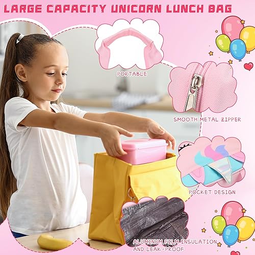 Miniatura 3 de Lonchera de unicornio para niñas, para guardería, preescolar, bolsa de almuerzo aislada con 4 compartimentos, caja Bento reutilizable, bolsa de