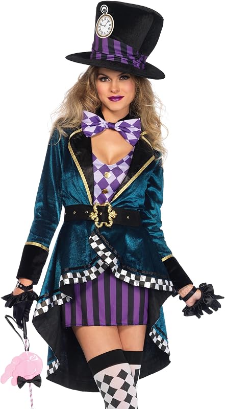 Leg Avenue Mad Hatter Costume with Dress, Jacket, Belt, Bow, Hat