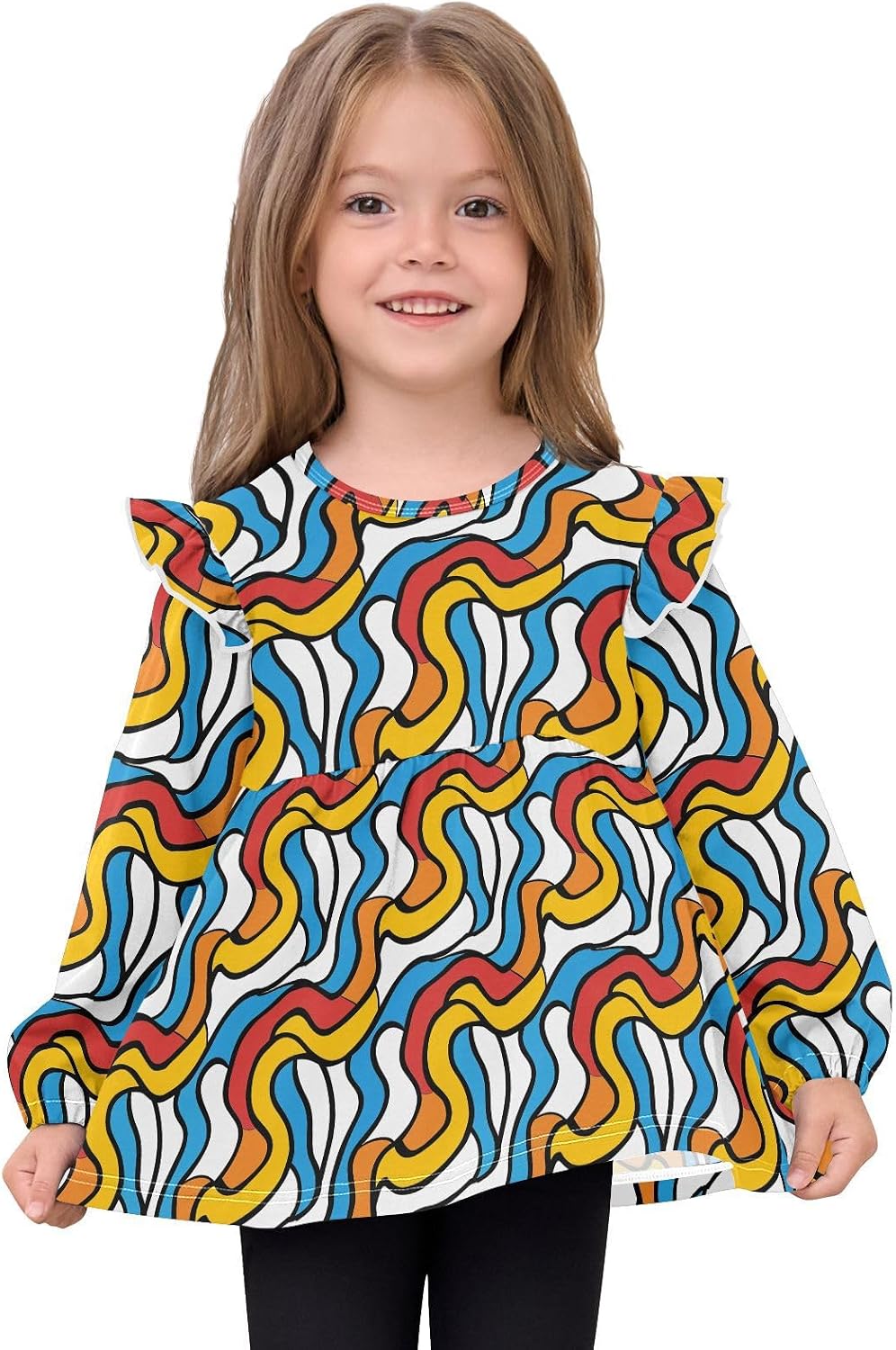 visesunny Toddler Clothes for Girls Hand-Drawn Colored Line Long Sleeve Fall Shirts Cotton Top with Ruffle Collar