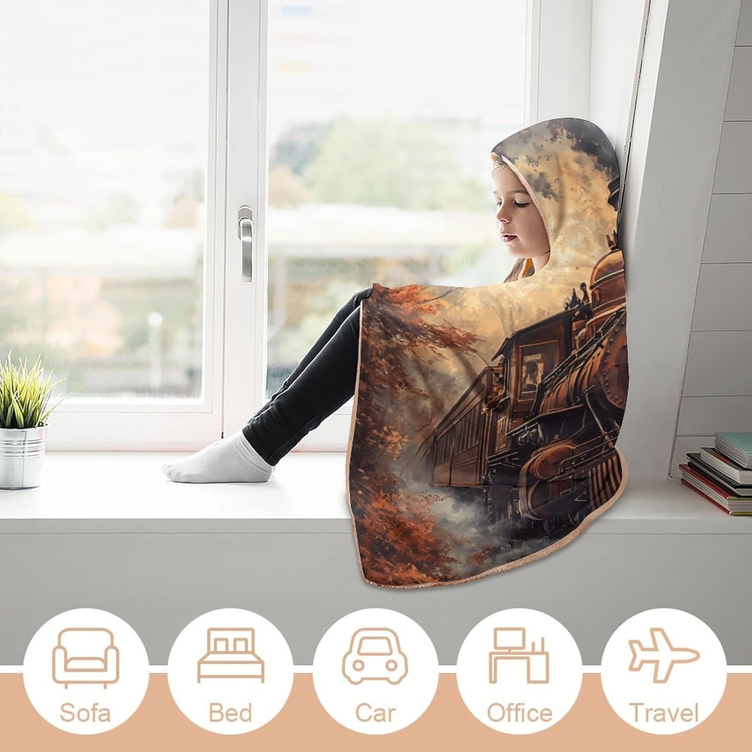 Steam Train in The Autumn Forests Fashion Wearable Blanket Hoodie Fleece Throw Cloak Robe Unisex