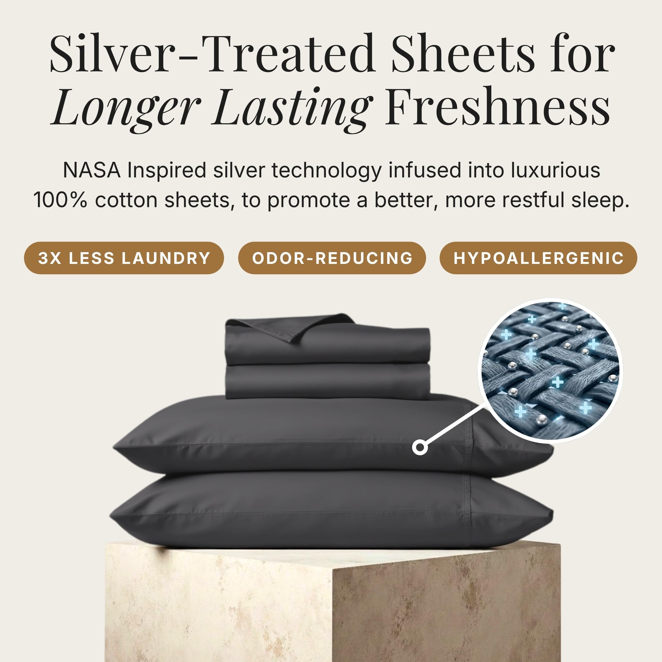 Miracle Made Luxe Cooling Bed Sheets - Charcoal - 4 Piece Silver Infused - 300-Thread-Count - Clean & Cool Full Size Bed Sheets for Sensitive Skin - Ultra-Breathable Bedding